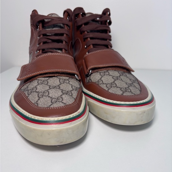 GUCCI Monogram Canvas Web GG Brown Leather High Top Men’s Sneaker Strap Size 12 - Picture 16 of 17